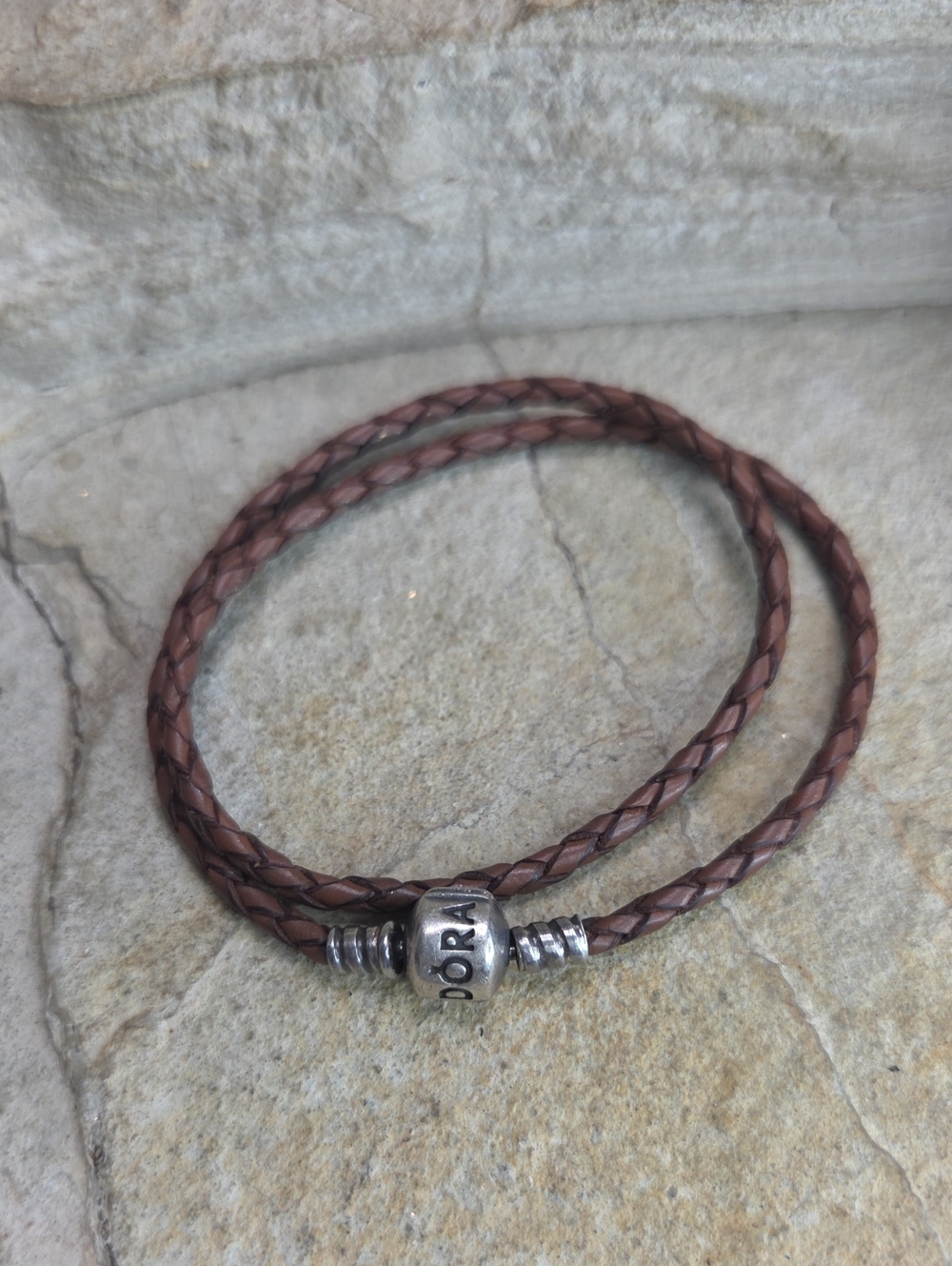 Pandora Brown Braided Leather Wrap Bracelet with 925 Sterling Silver Bead Clasp